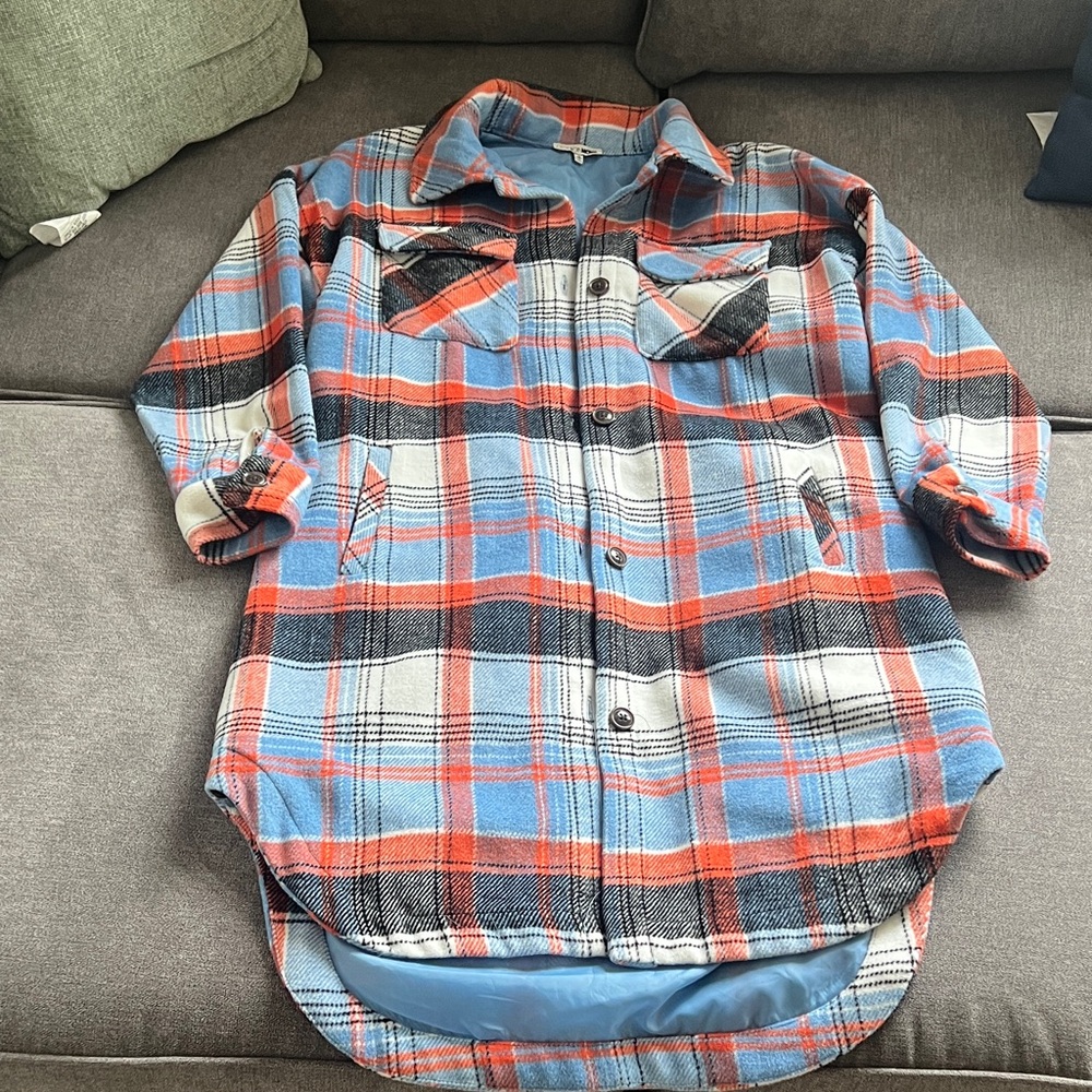 Fashion Nova Plaid Trench Coat - Blue, Red, and White